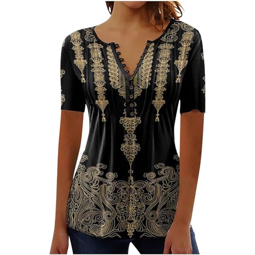 SMIDOW Summer Tops for Women 2026 Trendy Boho Floral Print Tunic Shirts Short Sleeve Button v Neck Tshirt Casual Loose Blouse