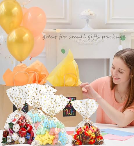 COQOFA 100 Pcs Star Printed 5"X 7" Gift Wrap Cello Cellophane Treat Bags Party Favor bags Clear Candy Cookie Bag Plastic P...