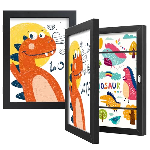 BAIJIALI Black Art Frames for Kids Artwork - Front Opening Holds 150 Drawings, 3D Crafts - 2 Packs 8.5x11 with mat or 9x12...