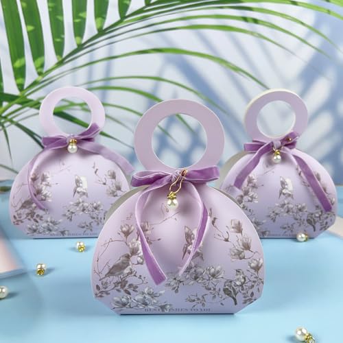 20 PCS Small Gift Boxes, Flower & Bird Party Favor Boxes Goodie Bags with Handle, Velvet Bow, Pearl Pendant for Wedding An...