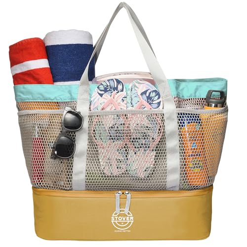 STOVER Extra Large Mesh Beach Bag, Vacation, Pool, Shopping & Travel Tote - Foldable w/Storage Pouch & Pockets for Women, Men