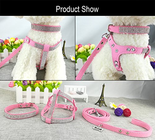 Newtensina Dog Collar & Harness & Lead Sets Fashion Dog Collar Diamante with Harness & Leashes Comfortable Soft Collar Har...