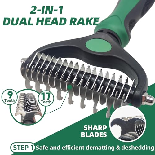 KUEIOX Pet Grooming Kit - 7 PCS Green Deshedding Brush Set with Undercoat Rake, Slicker Brush, Bath Brush & Nail Clipper f...