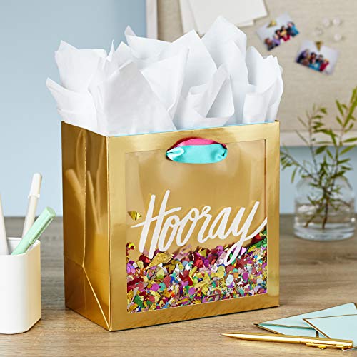 Hallmark Signature 7" Medium Gift Bag with Tissue Paper (Hooray; Gold with Pink, Teal, Purple Confetti) for Bridal Shower...