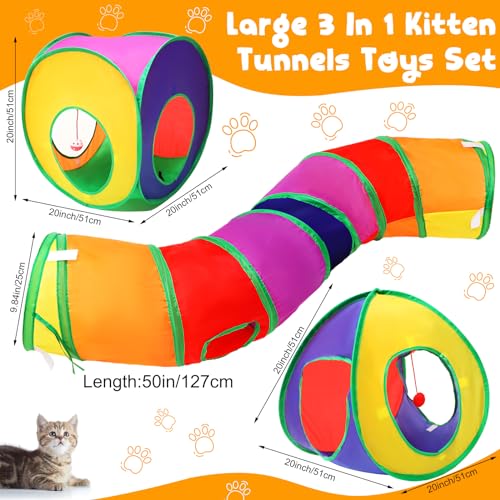 VercanMonth 21 Pcs Cat Tunnels for Indoor Set, 3 In1 Collapsible Cat Tunnel Toy with Cube Tent Toys Combo and 20 Pcs Inter...