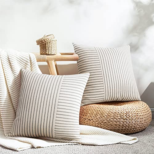 YCOLL Farmhouse Pillow Covers 20x20, Modern Accent Square Throw Pillow Covers Set of 2, Gray and Beige Striped Patchwork L...