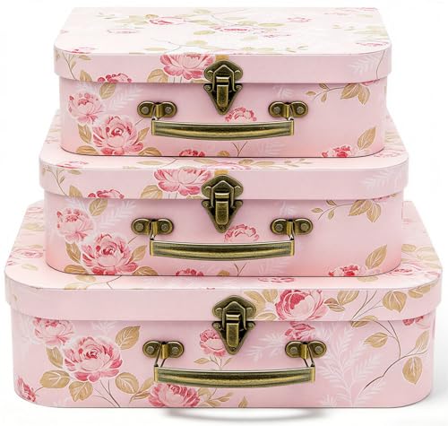 Cheardia 3 Pack Paperboard Suitcases Storage Box, Decorative Storage Boxes Gift Boxe With Lid, Stackable Cardboard Trunk f...