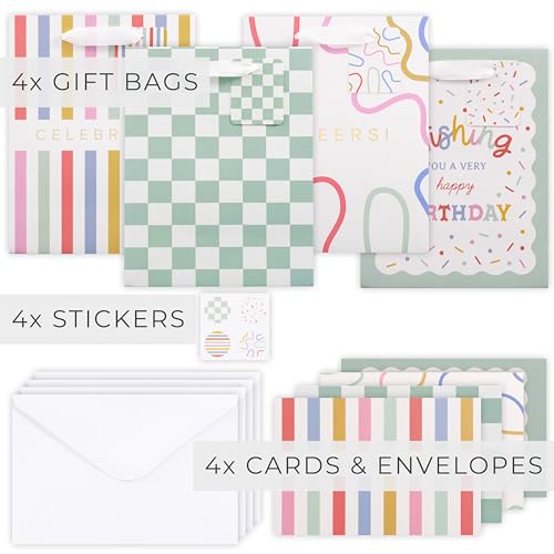 Beautiful Gift Bags Set of 4 - Medium Sized 9" Bags with Handles incl. Matching Tissue Paper, Cards & Small Stickers - Reu...
