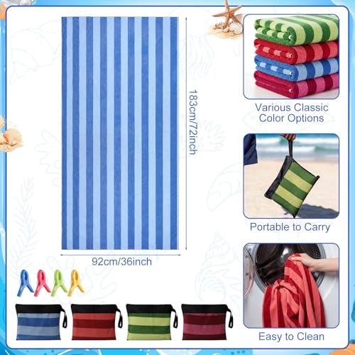 Gilprop 4 Packs Oversized Stripe Beach Towels Microfiber Pool Towel with Bags & Clips Soft Absorbent Quick Dry Camping Tow...