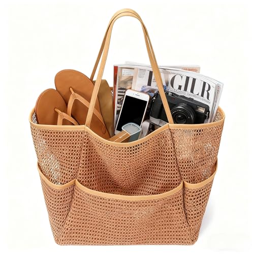 BESSKON Large Beach Bags for Women, Mesh Beach Tote with Zipper, Foldable Pool Tote Bag Travel Beachbag Waterproof Sandproof