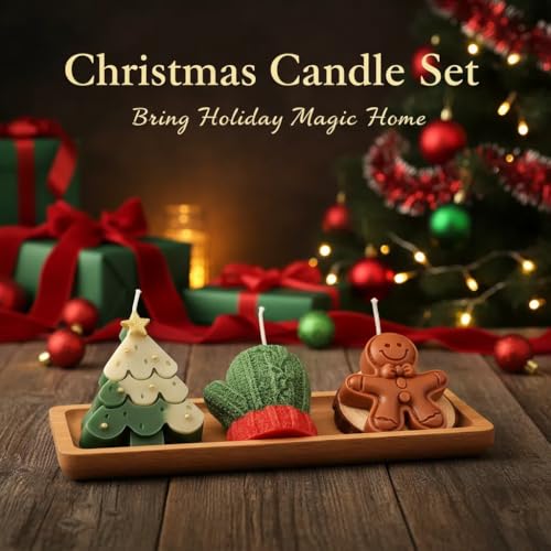 Christmas Candle Gift Set, 3-Pack Decorative Soy Candles, Wood Tray, Holiday Decor with Tree, Gingerbread, Mittens