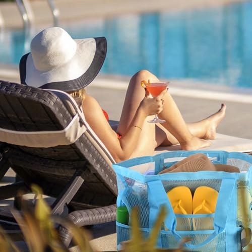 CaCTOUR Mesh Beach Bag,Large Beach Bags for Women with 8 Pockets,Packable Tote Bag for Beach Cruise Pool Vacation Essentials