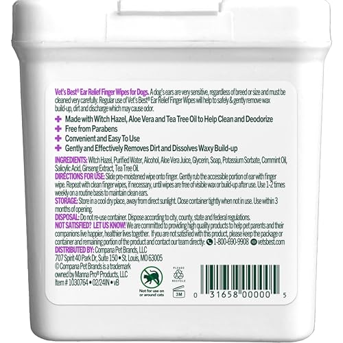 Vet's Best Ear Relief Finger Wipes, Ear Cleansing Finger Wipes for Dogs, Sooths & Deodorizes, 50 Disposable Dog Wipes