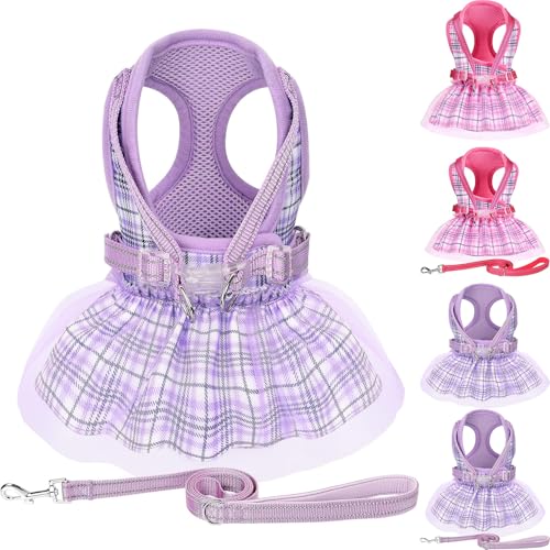 Dog Harness Dress, Plaid Dress with Leash Set, Summer Cute Pet Clothes,Girl Puppy Dresses for Girl Small Dogs, Chihuahua H...