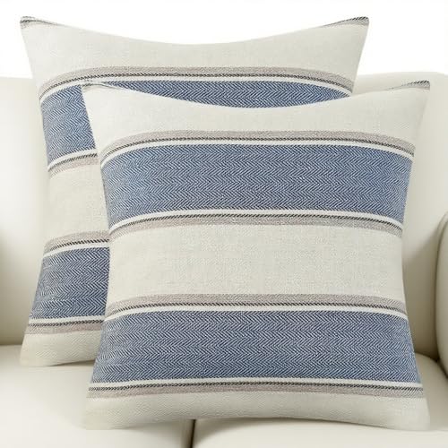 AmHoo Pack of 2 Farmhouse Linen Throw Pillow Cover Cushion Stripe Decoration Buffalo Retro Pillowcase with Hidden Zipper f...