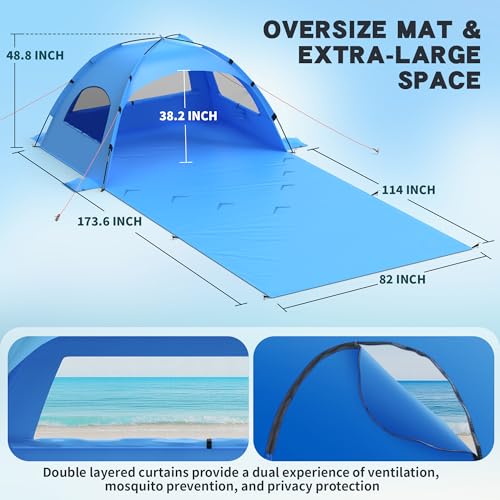 Beach Tent Sun Shelter with Extended Sand Mat 114×82inch，UPF 50+ Protection, 3 Double-Layer Windows for Enhanced Privacy; ...