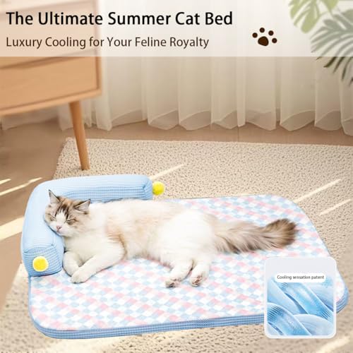 Lunale All-Season Ice Fabric Cat Bed with Cushioned Pillow/Play Ball/Washable Mat for Cats, Kittens & Small Pets (Blue, 2...