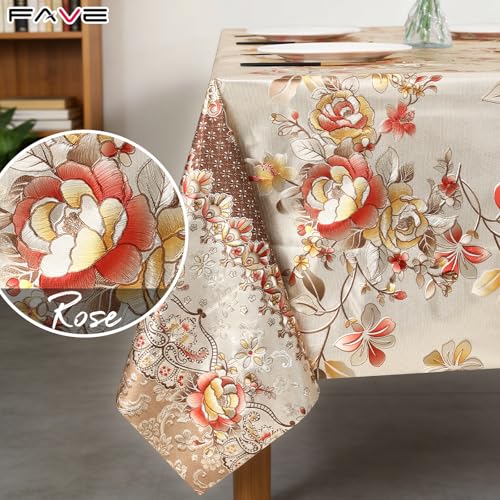 FAVE Peony Gold Tablecloths Vinyl Tablecloth for Kitchen Dining Table Wipeable PVC Tablecloth Cover for Wedding, Banquet, ...