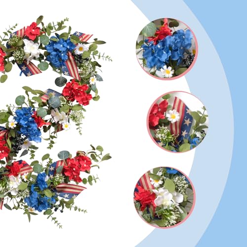 Egolot Patriotic Hydrangea Red White Blue Flower Garland Wreath for Front Door, Forth of July Independence Day Indoor Outd...