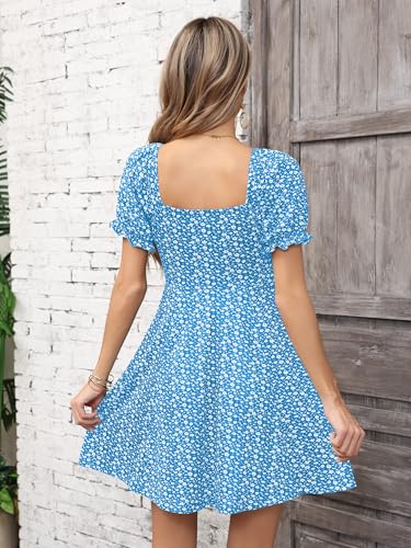 Missufe Women's Puff Short Sleeve Fit and Flare Casual Drawstring Floral Mini Sun Dresses 2025 Summer Vacation