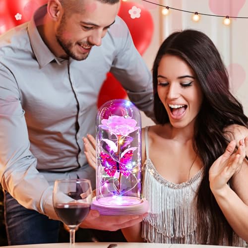 Beferr Birthday Gifts for Women Galaxy Glass Rose Forever Preserved Flowers for Delivery Light Up Rose in Glass Dome Mothe...