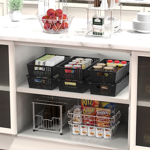 Simple Houseware Stackable Plastic Woven Basket Organizer, 6 Pack, 14.5" x 8.5" x 3.5", Black