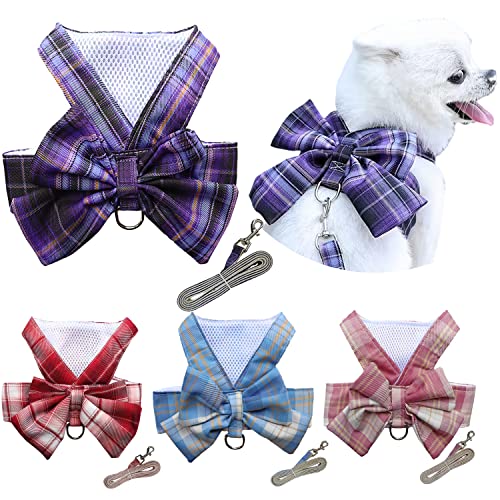 Petbuy Plaid Dog Dress Bow Tie Harness Leash Set,Dog Clothes Harness Dress with Leash Ring for Small Dogs Girl, Puppy Prin...