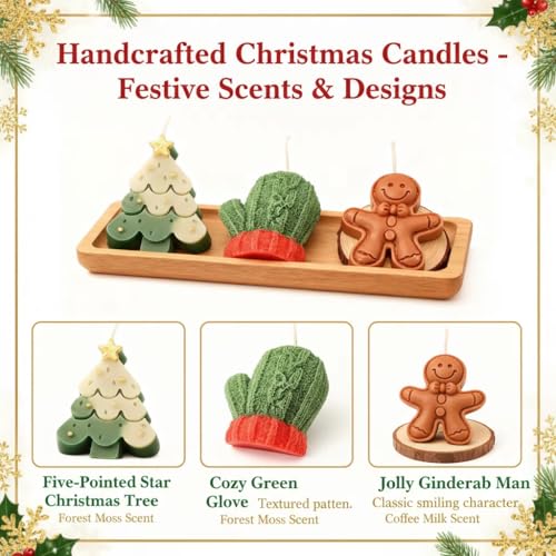 Christmas Candle Gift Set, 3-Pack Decorative Soy Candles, Wood Tray, Holiday Decor with Tree, Gingerbread, Mittens