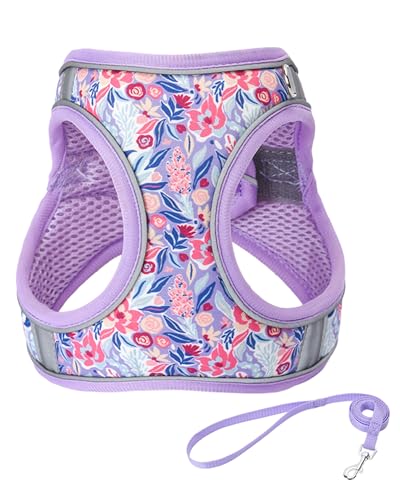 JUFOO M Light Purple Flower Pattern Dog Harness and Leash Set,No Escape Puppy Harnesses for Training Walking，Breathable Ad...
