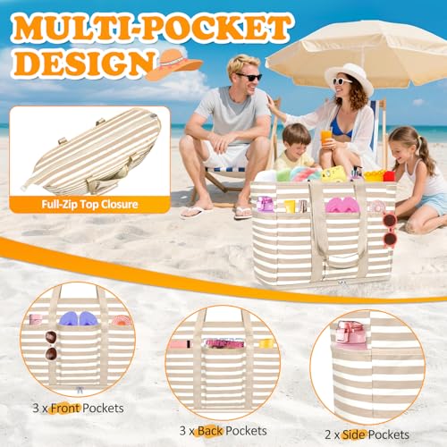 TEUEN Large Beach Bag with Zipper, 12 Pockets Waterproof Sandproof Pool Bag Womens Mesh Beach Tote Bag for Travel Vacation