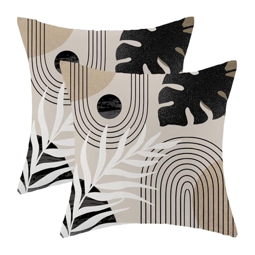 Boho Pillow Covers 20x20 Set of 2 Mid Century Black Beige Tropical Leaf Throw Pillow Covers Outdoor Decor Modern Abstract ...