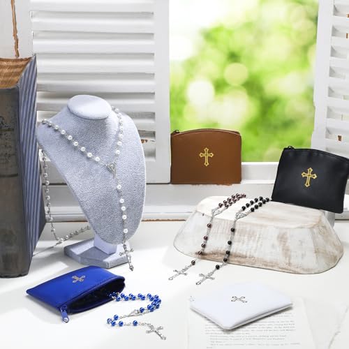 Dansydaisy 8 Pcs Rosary Pouch with Catholic Rosary Beads Necklace Set for Women Leather Holder with Zipper Gold Cross Impr...