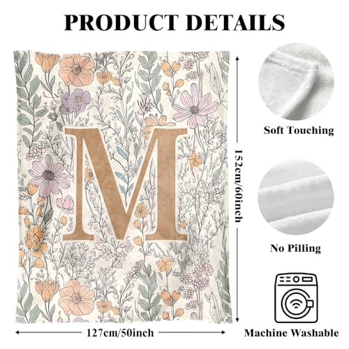 JXREQ Throw Blanket Initial Letter M Personalized Monogrammed Gifts for Women Teen Girls Frends, Boho Floral Throw Blanket...