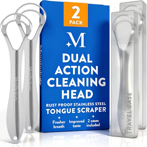 Mouthology Tongue Scraper for Adults (2 Pack), Reduce Bad Breath, Metal Tongue Scraper, Tongue Cleaner, Tongue Scraper, St...