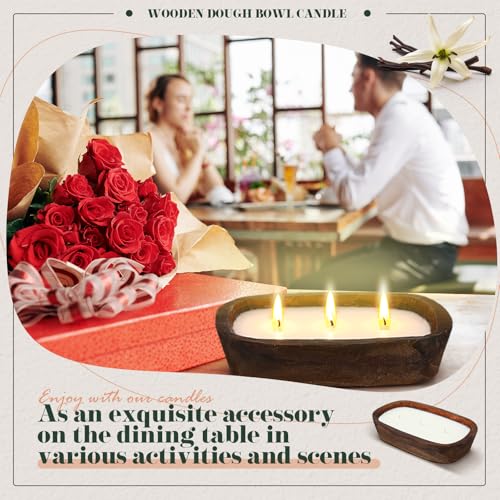 Threlaco 1 Pack 10 Inch Wood Dough Bowl Candles Home Rustic Dough Bowl Soy Candle 3 Wick Scented Candles Gifts for Men Wom...
