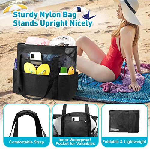 ZUXNZUX Mesh Beach Bag - Large Waterproof Beach Tote Bag with Zipper, Oversized Foldable Lightweight Family Swim Bag Vacation