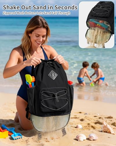 WANDF Drawstring Backpack with Removable Wet Pocket, Sandproof Beach Backpack with Bottom Compression Strap for Beach Mat,...