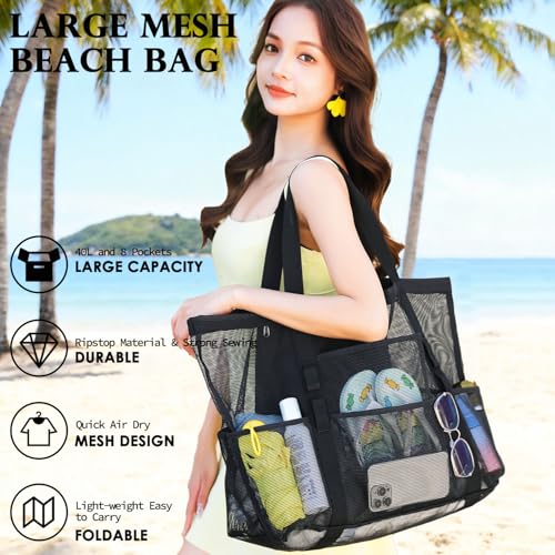 Fammart Mesh Beach Bag for Women, Large Beach Toy Pool Bag with Zipper Pocket, SandProof Cruise Essentials 2026 Family Travel