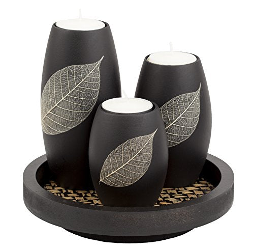 IYARA CRAFT Candle Holder Set with Tray – 3 Handmade Wood Tealight Holders, Black Leaf Design, Winter Home Décor, Spa-Insp...