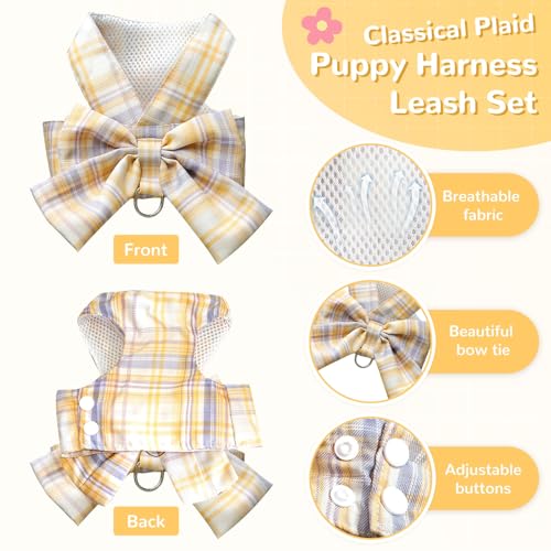UETZLTB Cute Dog Harness and Leash Set with Bow Tie Soft Mesh Plaid Girl Puppy Harness No Pull Pet Cat Dog Vest Harness fo...