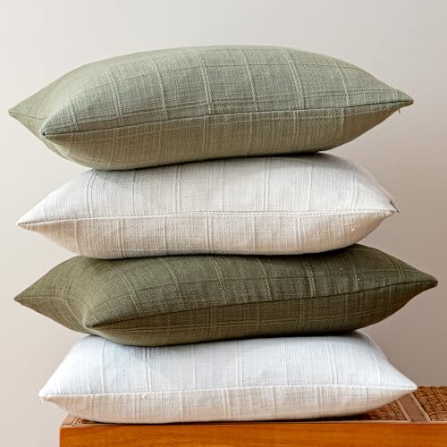 Aesthaboho Green Linen Pillow Covers Set of 4, Decorative Plaid Throw Pillow Covers 18 x 18 Inch, Boho Cushion Soft Farmho...