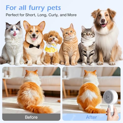 Steam-Like Spray Cat Brush - 3-in-1 USB Rechargeable Deshedding & Self-Cleaning Brush with Water Mist for Long & Short Hai...