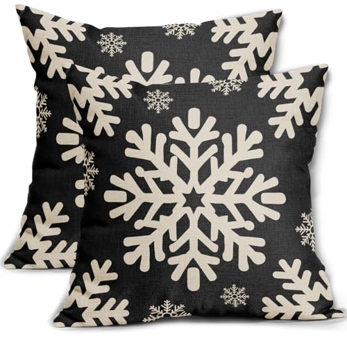 Sivirary Black Christmas Pillow Covers 18x18 Inch Set of 2, Xmas Snowflakes Rustic Winter Themed Decorative Throw Pillow C...