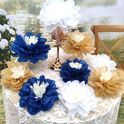 Mybbshower 12 PCS Navy Blue Gold Tissue Paper Flowers for Birthday Baby Bridal Shower Wedding Bachelorette Navy Blue Anniv...