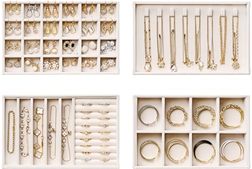 Velvet Jewelry Drawer Organizer Trays – 4-Layer Stackable Jewelry Storage Inserts Set, Beige Jewelry Tray Set for Earring...