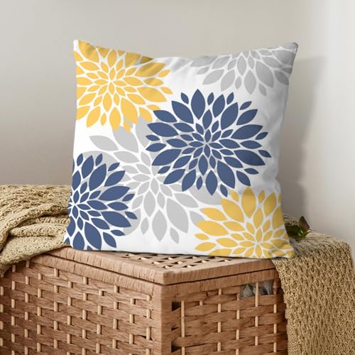 Navy Blue Yellow Pillow Covers 18x18 Inch , Spring Summer Geometric Elegant Dahlia Decorative Throw Pillows, Flower Outdoo...