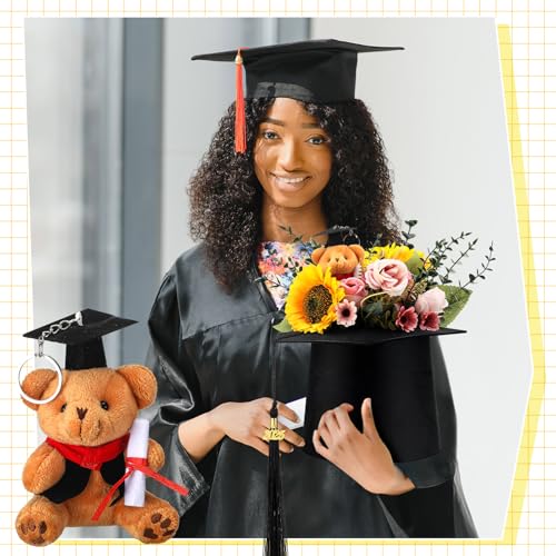 Hoteam Black Graduation Flower Bouquet Grad Centerpiece Graduation Cap Flower Boxes Mini Plush Bear with Grad Hat Floral A...
