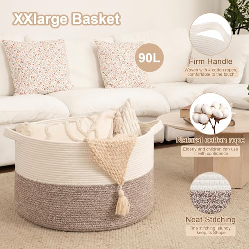 OIAHOMY 90L XXXLarge Blanket Basket for Living Room, 21.7" x 13.8" Woven Cotton Rope Laundry Basket for Organizing Pillow...