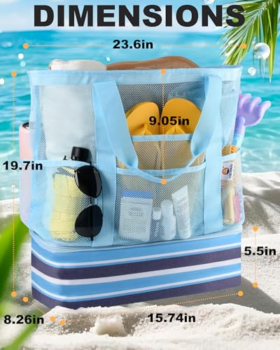 CaCTOUR Beach Bag with Cooler Compartment,Mesh Beach Bag Dry Wet Detachable with Zipper Pockets,Waterproof Sandproof Pool Bag