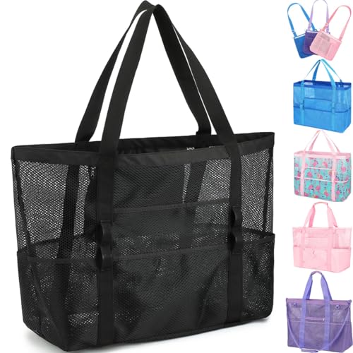 Fammart Mesh Beach Bag, Large Beach Tote with Zipper Pocket, Toys Pool Bag for Family Travel Vacation Cruise Essentials